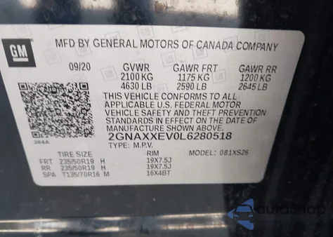 2020 Chevrolet Equinox Awd Premier 1.5L Turbo z USA, uszkodzony, nr VIN 2GNAXXEV0L6280518